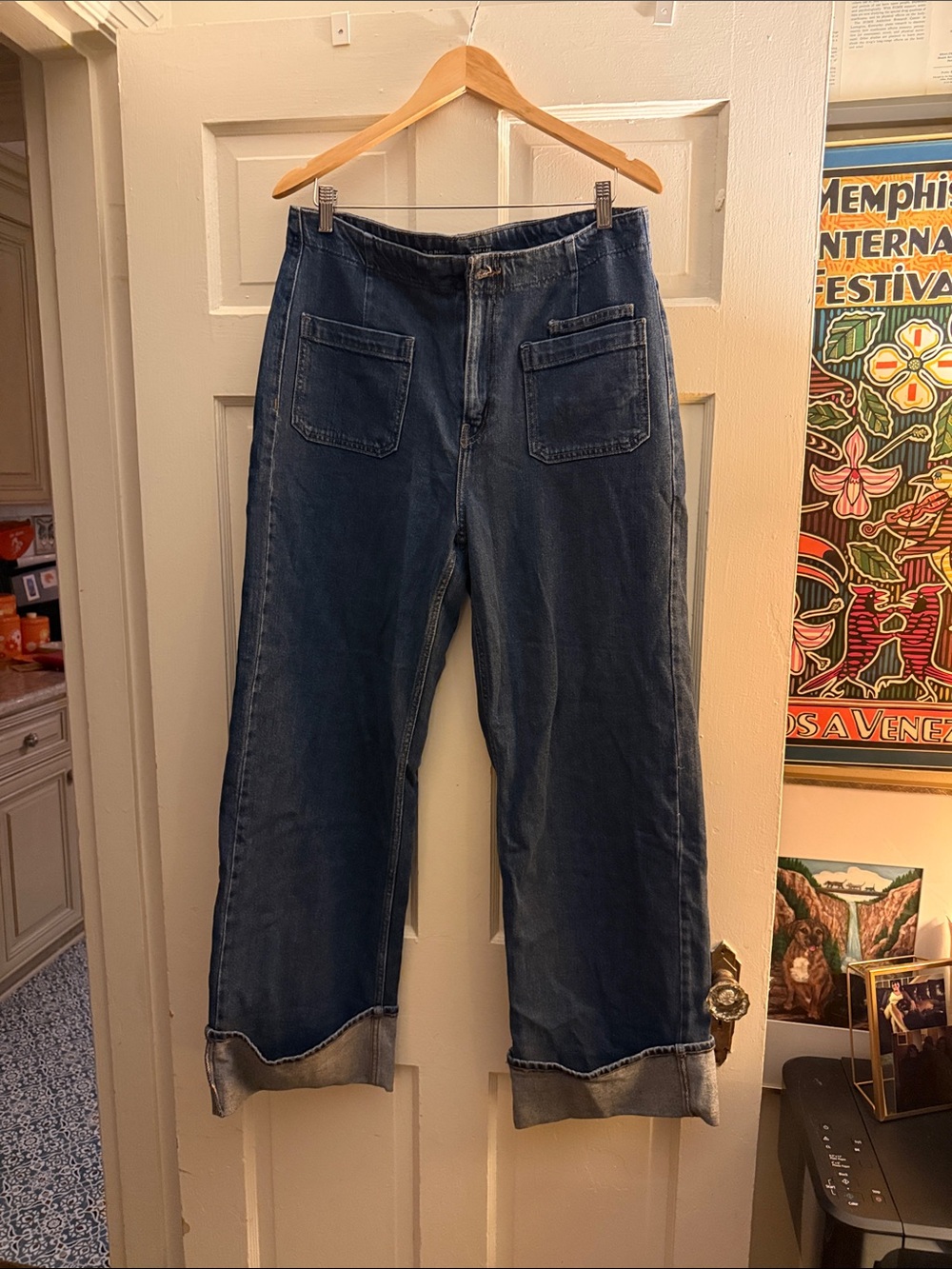 Old Navy Women's Dark Blue Wide Leg Jeans with Rolled Cuffs